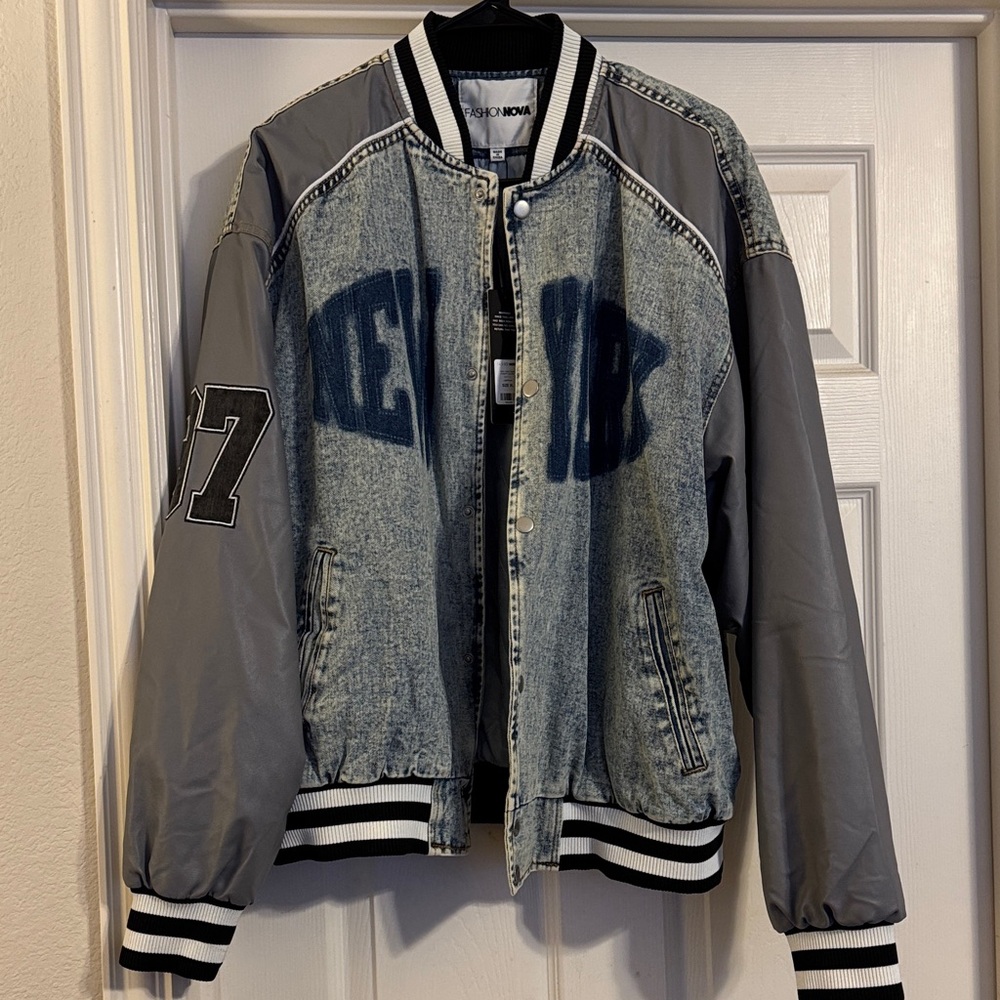 Women's Fashion Nova Gray/Blue Denim Varsity Jacket